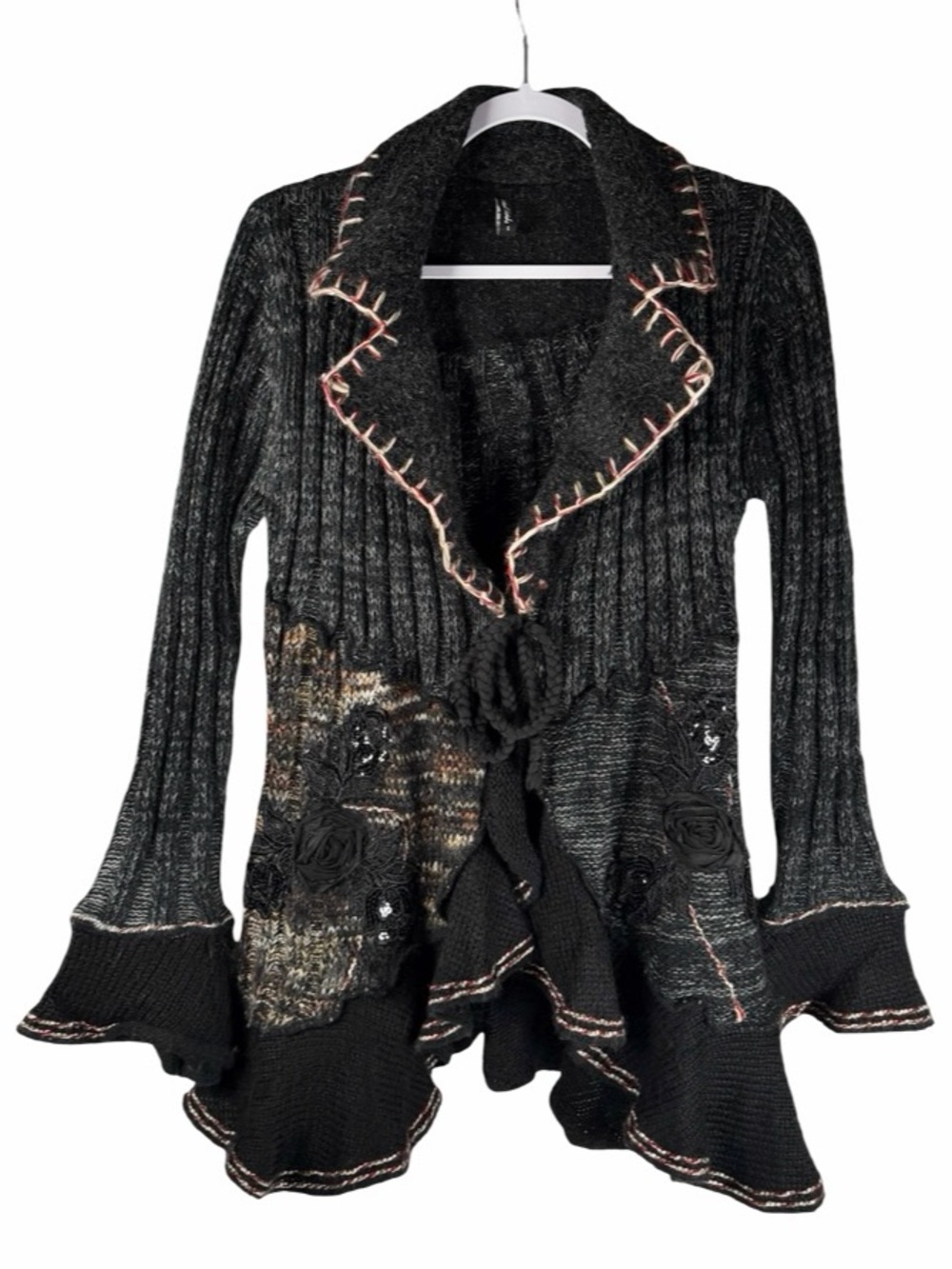 Sacred Threads Black Wool Whipstitch Ruffled Bell Cuff Cardigan Sweater Small